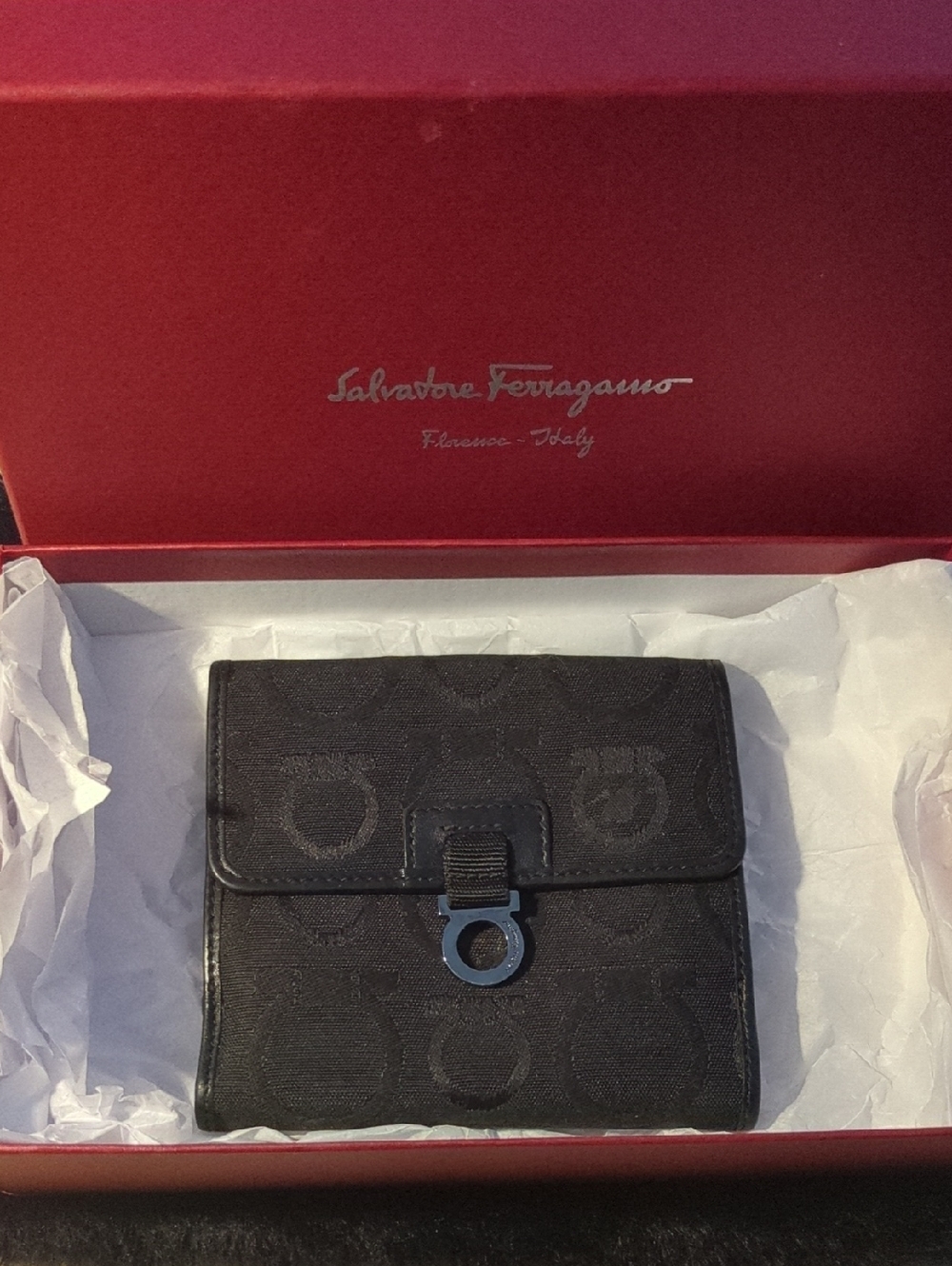 Salvatore Ferragamo Black Canvas Gancini Compact Wallet EUC NOE ONLY $150